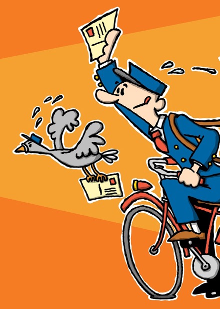 Brevduva och brevbärare delar ut brev.