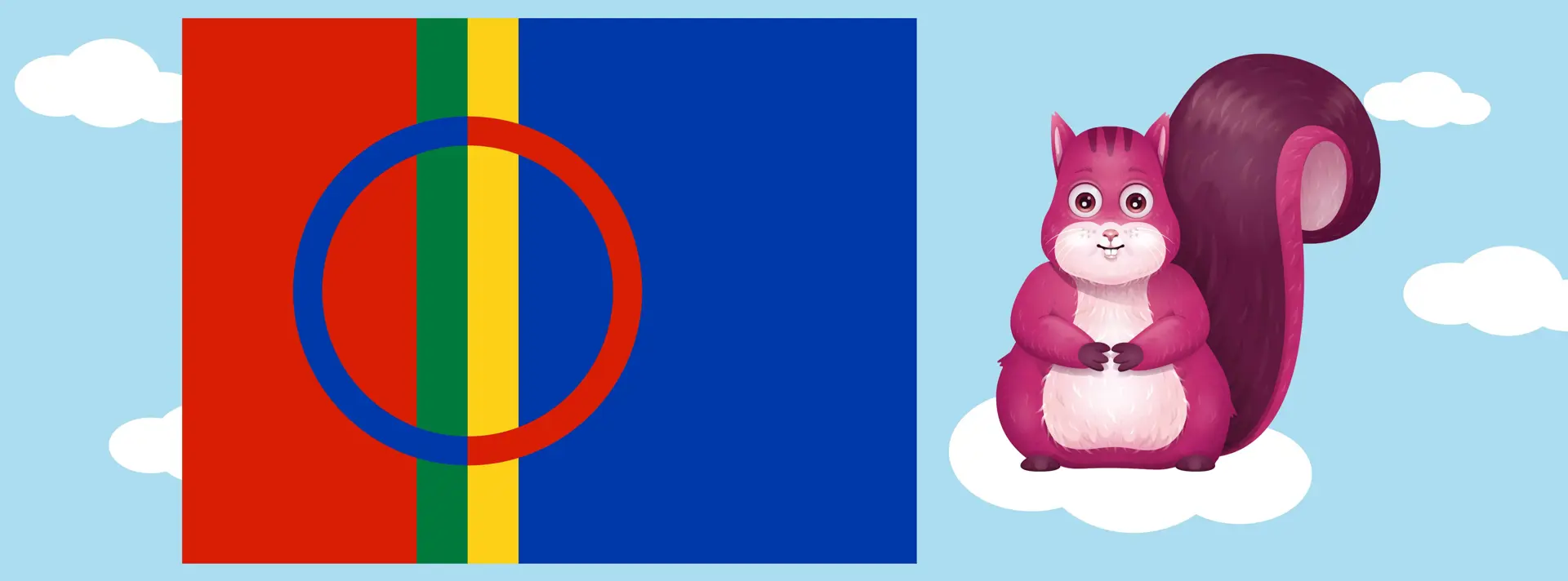 Ekorren som står på ett moln och bredvid är den samiska flaggan.