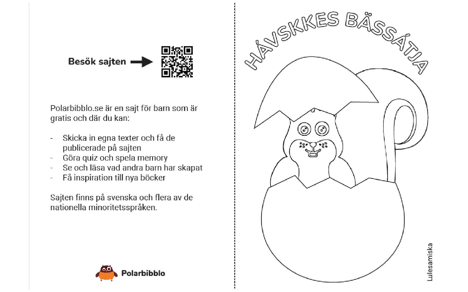 Färgläggningskort med ekorren som sitter i ett ägg. Texten glad påsk på lulesamiska står ovanför ägget.