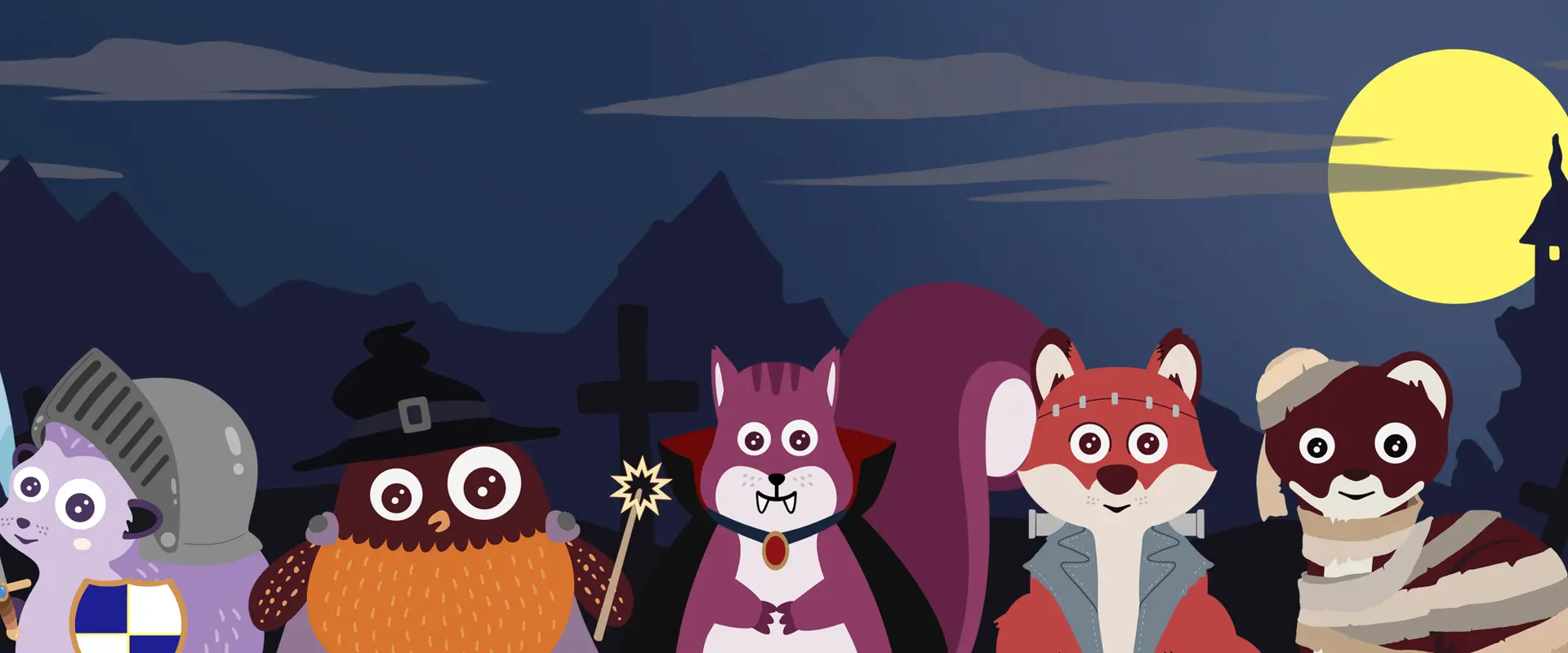 Polarbibblodjuren i Halloweenkostymer framför ett kusligt slott.