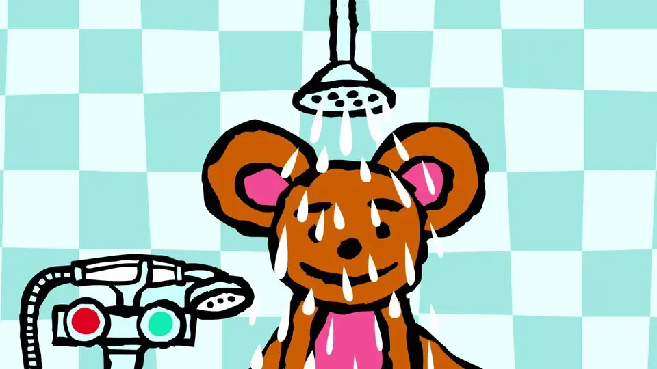 Pino står i duschen.