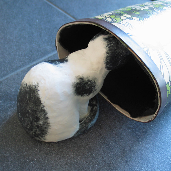 Katten kikar in i en stövel.