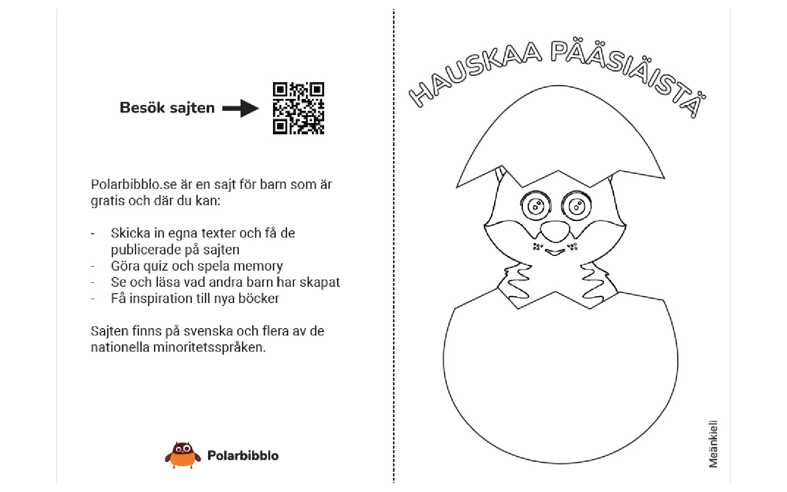 Färgläggningskort med räven som sitter i ett ägg. Texten glad påsk på meänkieli står ovanför ägget.