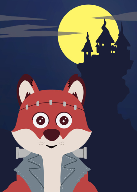 Räven utklädd till Frankensteins monster framför ett kusligt slott.