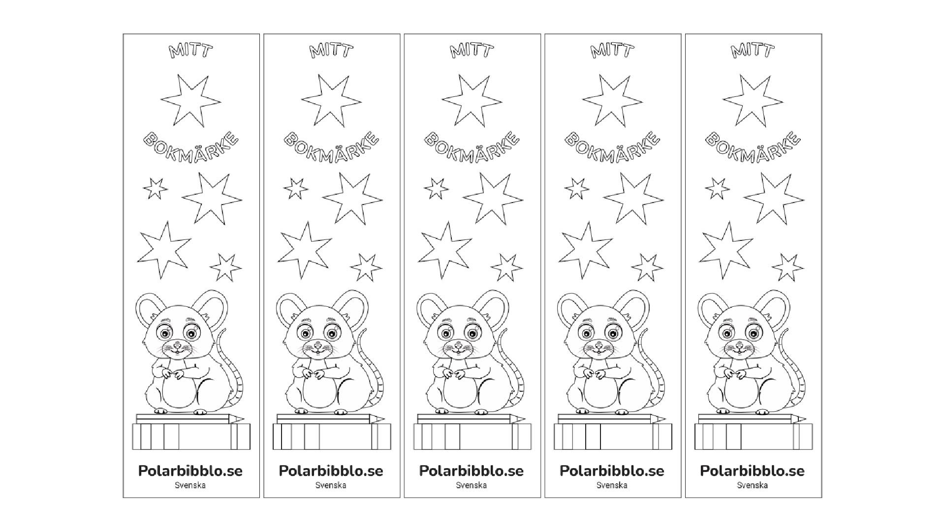 Bokmärke för utskrift och färgläggning med musen och stjärnor med texten mitt bokmärke på svenska.