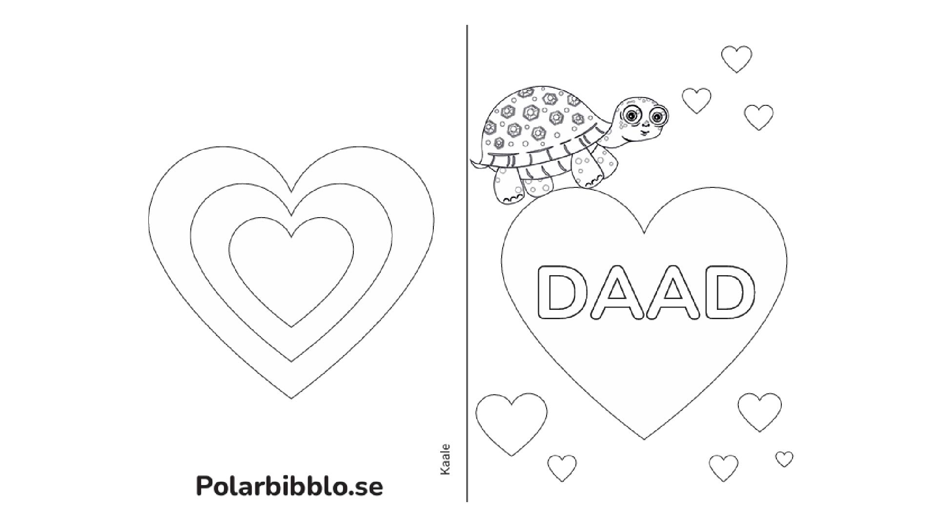 Färgläggningskort fars dag med hjärtan, sköldpadda och texten pappa på kaale.