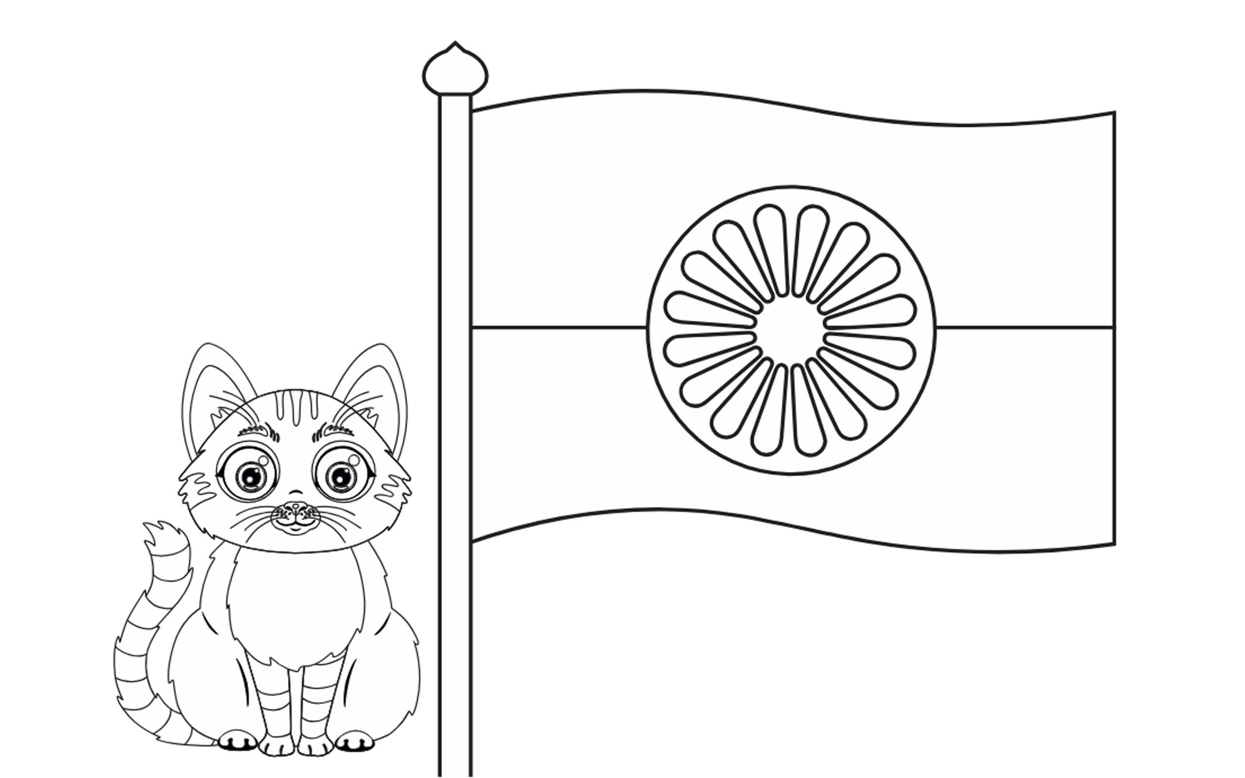 Färgläggningsbild med katten och den romska flaggan.