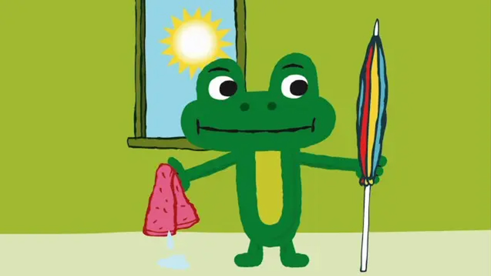 En groda som håller i ett parasoll och en blöt handduk.