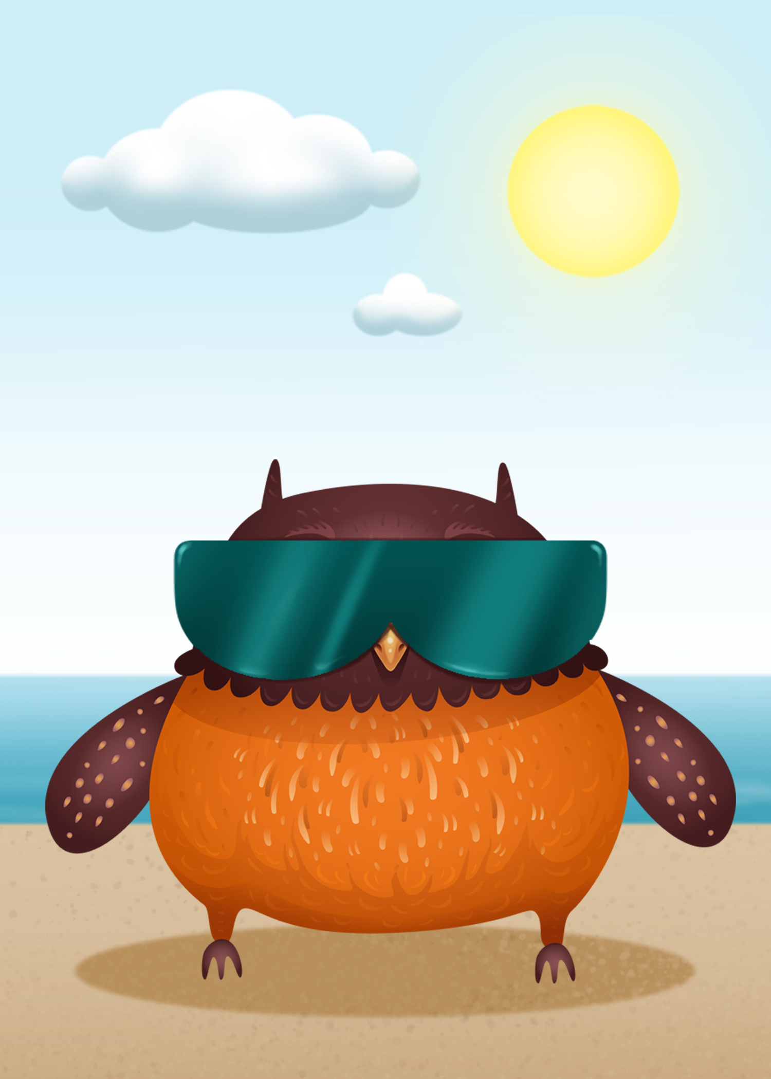 Ugglan med solglasögon på en strand.