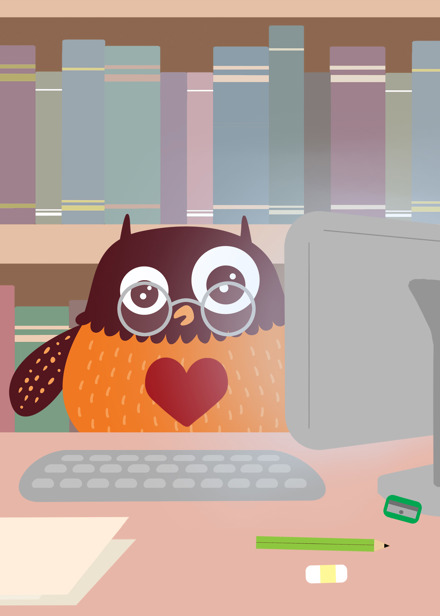 Polarugglan som är jourhavande kompis framför en dator.