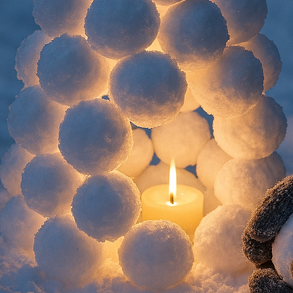 Snölyckta med ett tänt ljus i.