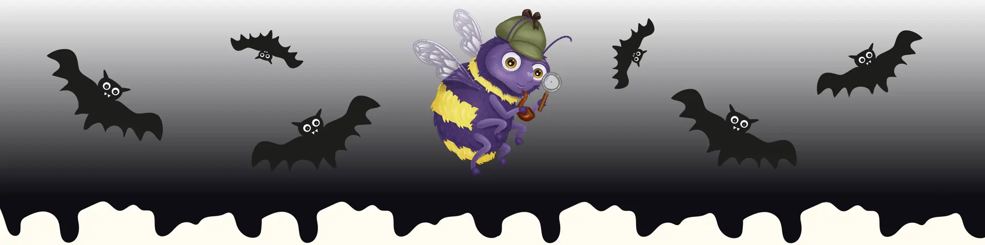Humlan i halloween kläder med fladdermöss som flyger runt om.