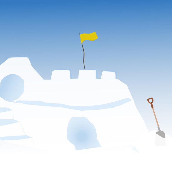 Ett snöslott med en gul flagga längst upp.