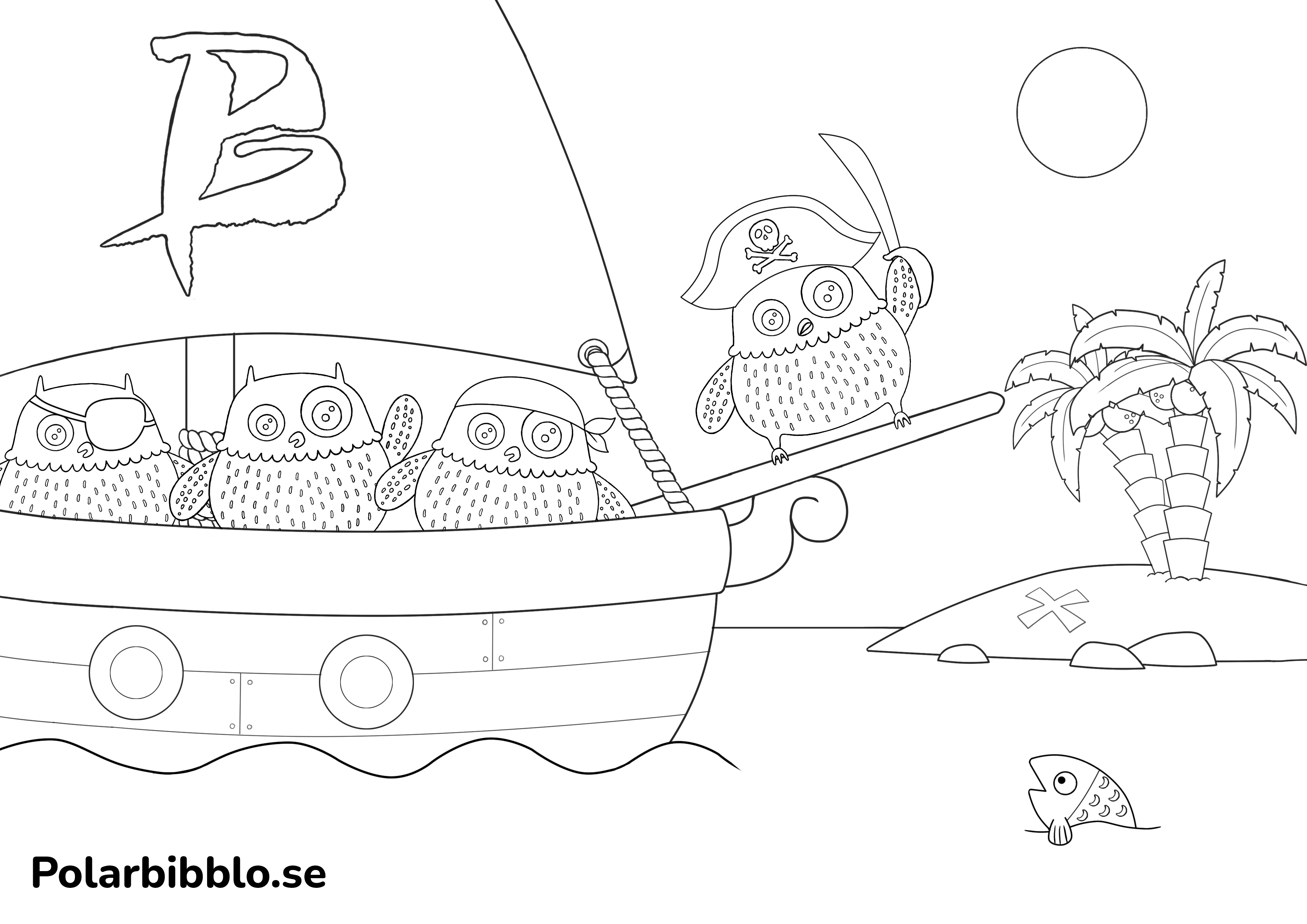 Färgläggningsbild på flera Polarugglor på ett piratskepp.