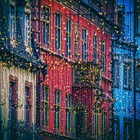 Färgranna hus med ljusslingor.