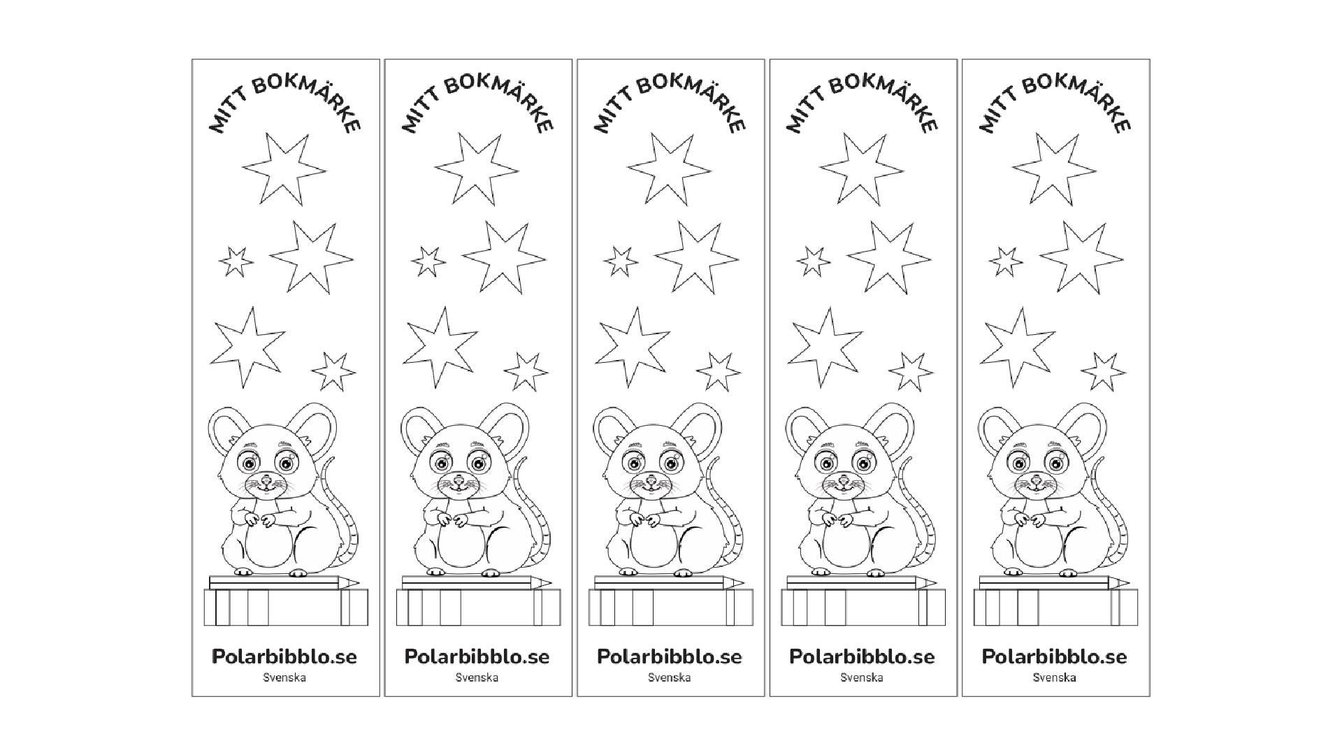 Bokmärken för utskrift och färgläggning med musen och stjärnor med texten mitt bokmärke på svenska.