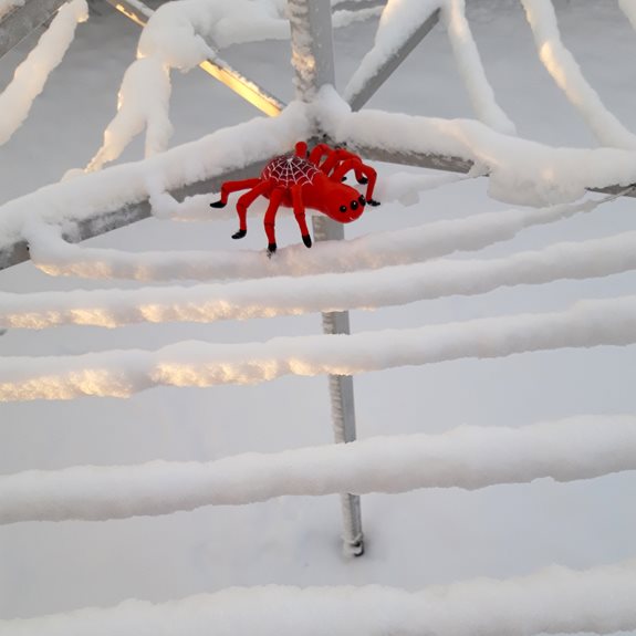 Spindeln står på en snötäckt torkställning.