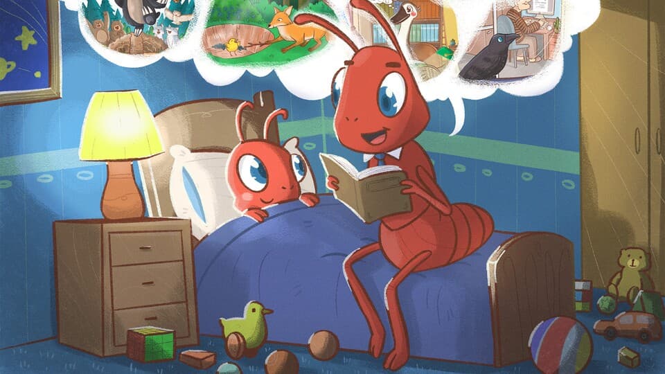 Pappa myra läser för Myran.