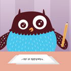 Polarugglan som skriver vid ett bord med böcker på.