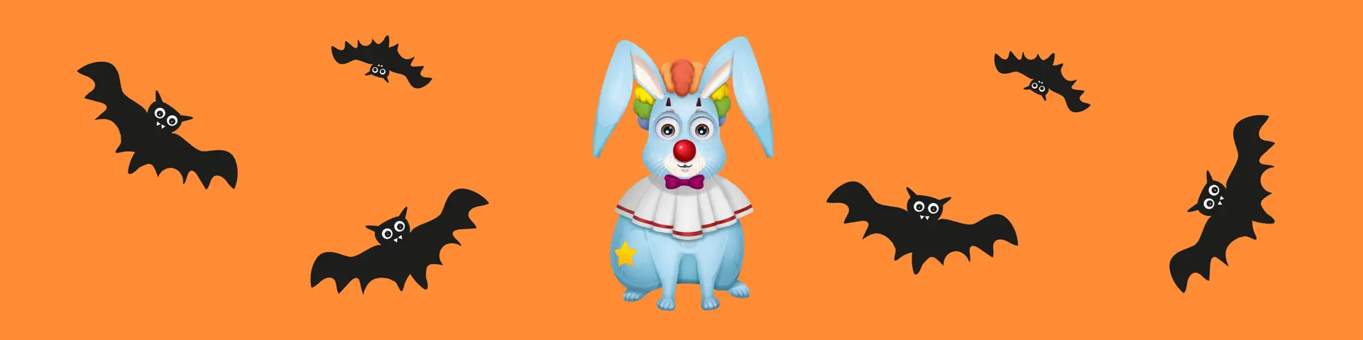 Haren med halloween kläder och fladdermöss som flyger runt om.