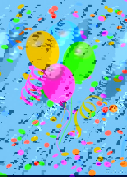 Balonger och konfetti i flera olika färger med den blå bakgrund.