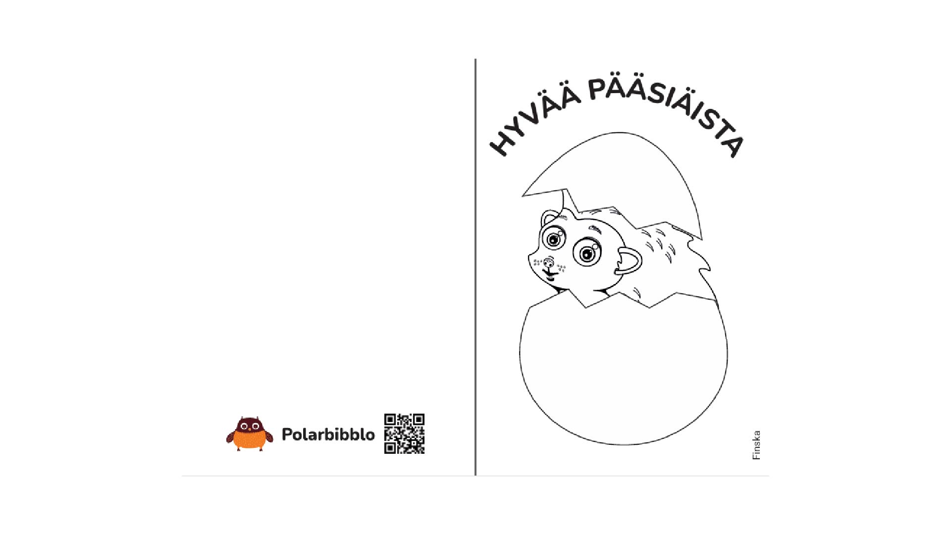 Färgläggningskort med igelkotten som sitter i ett ägg. Texten glad påsk på finska står ovanför ägget.