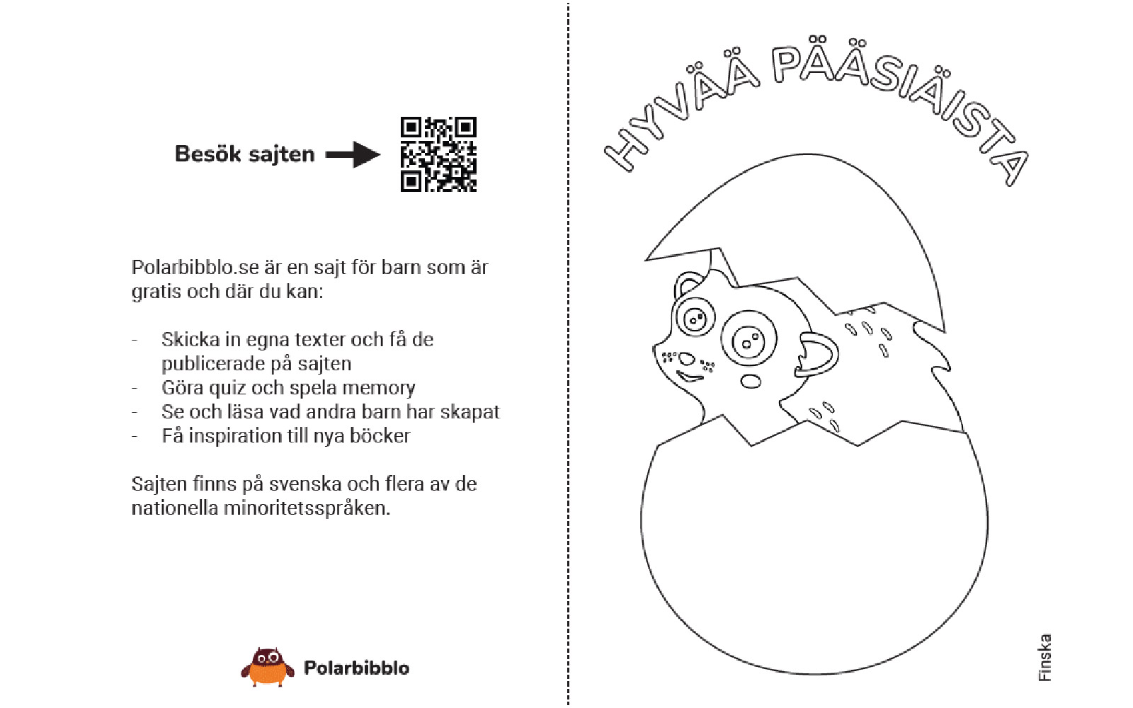 Färgläggningskort med igelkotten som sitter i ett ägg. Texten glad påsk på finska står ovanför ägget.