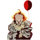 Läskigt clown som håller i en röd ballong.