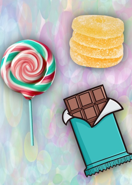 Klubba, surgodis, marshmellow och cokladkaka i förgrunden. Bakgrunden är färgglad.