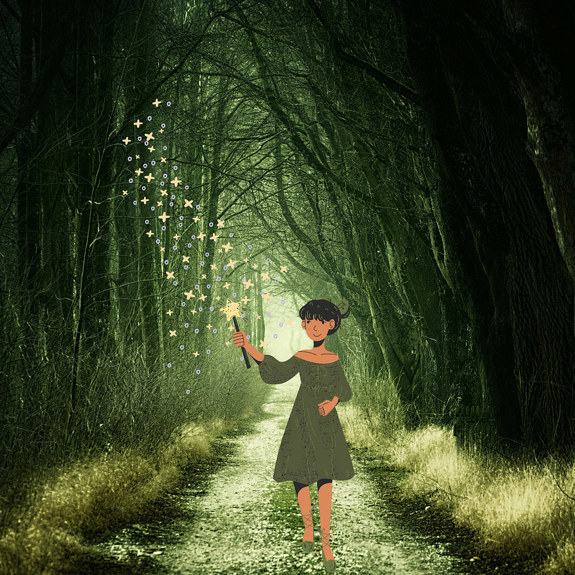 Älva med trollspö i skogen.