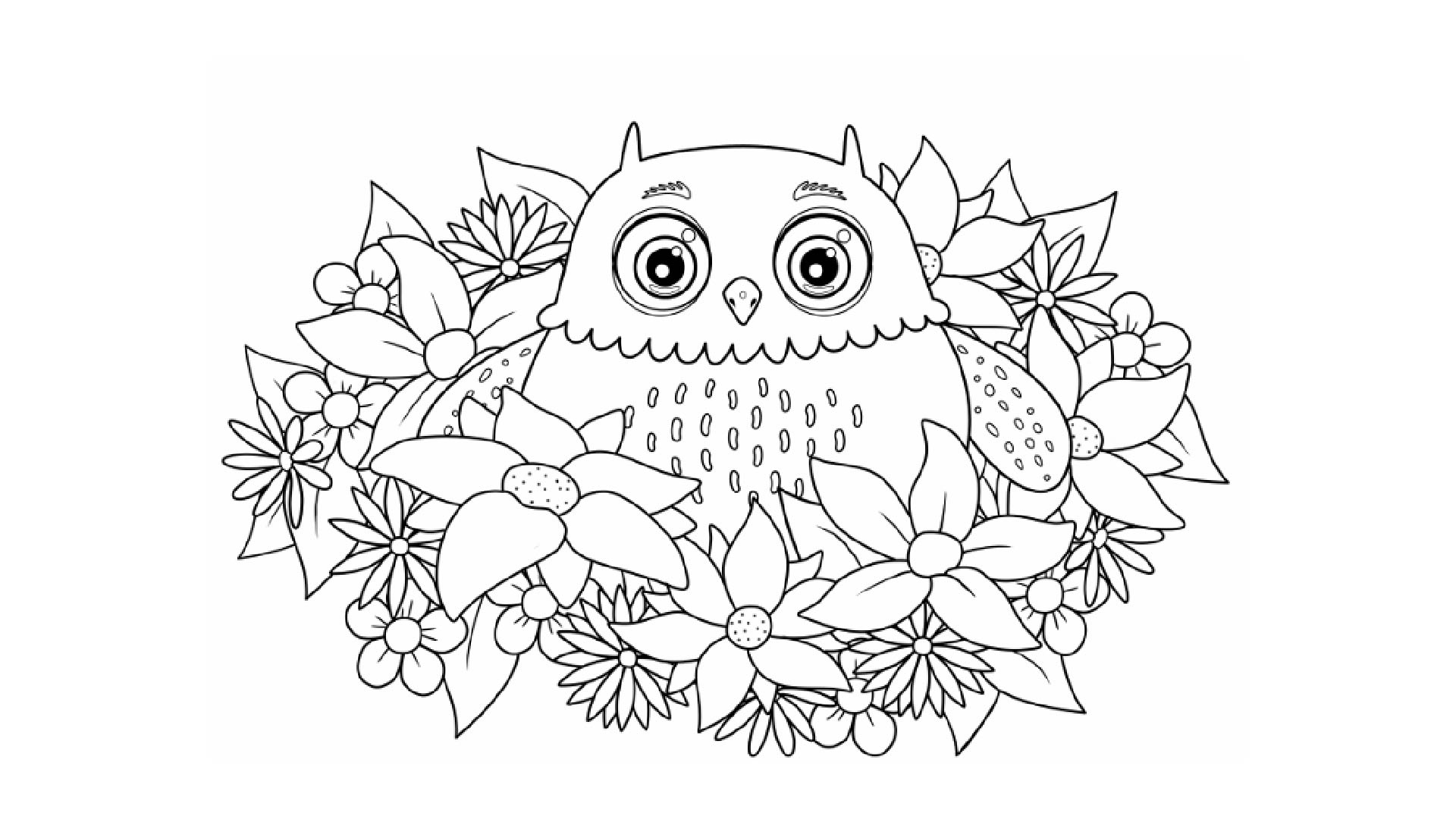 Färgläggningsbild på Polarugglan omgiven av blommor.