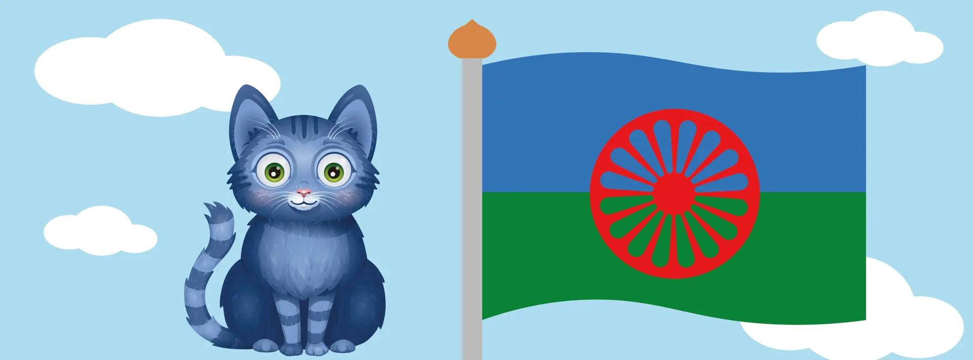 En blå katt som står bredvid den romska flaggan.