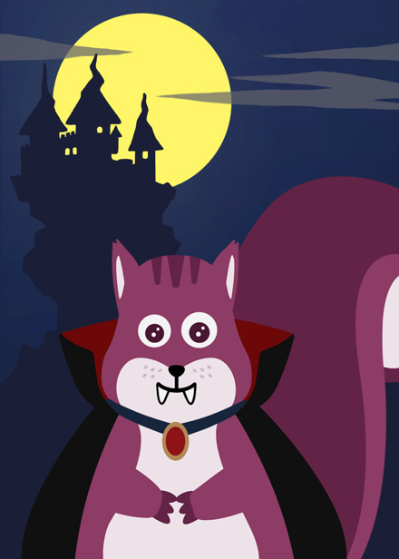 Ekorren utklädd till en vampyr framför ett kusligt slott.
