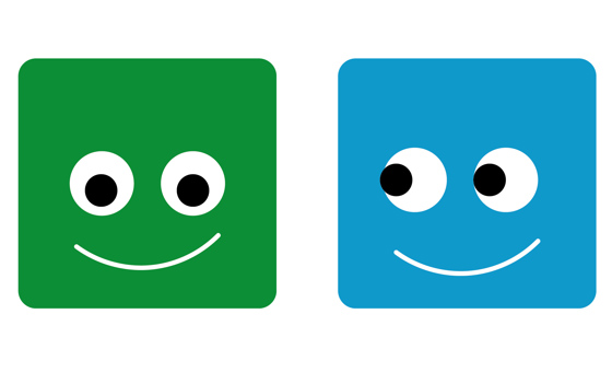 Fyrkanter med ögon i färgerna gul, grön, röd och blå.