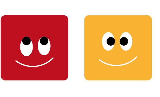 Fyrkanter med ögon i färgerna gul, grön, röd och blå.