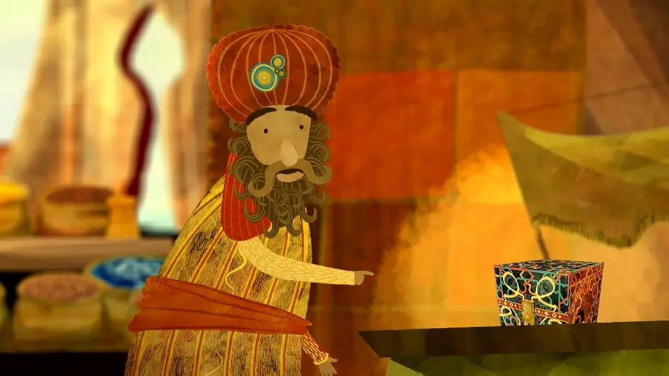 En kalif som pekar på en skattlåda.