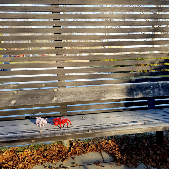 Grisen och Spindeln sitter på en bänk.