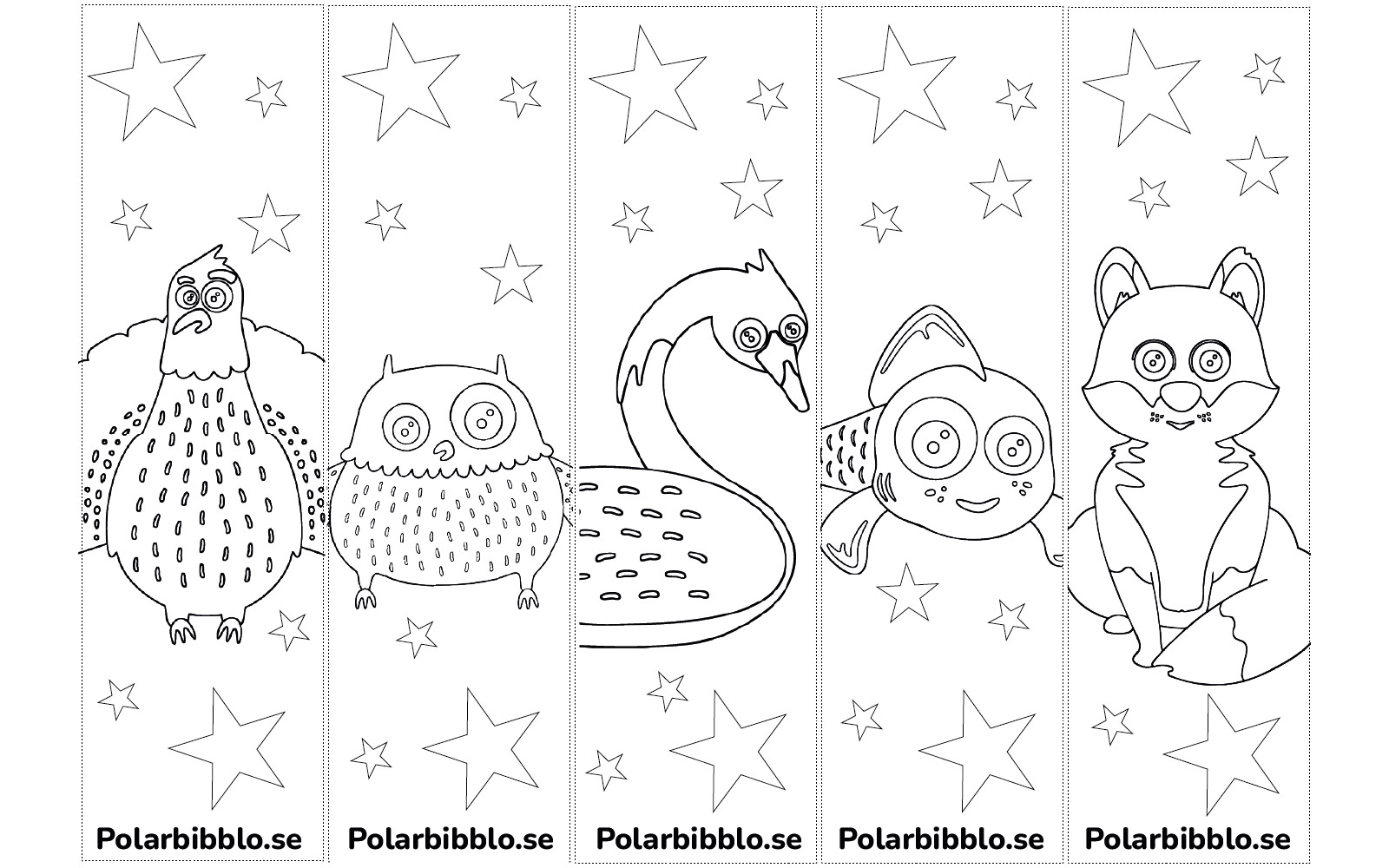 Bokmärken för färgläggning med språkdjur och stjärnor på.