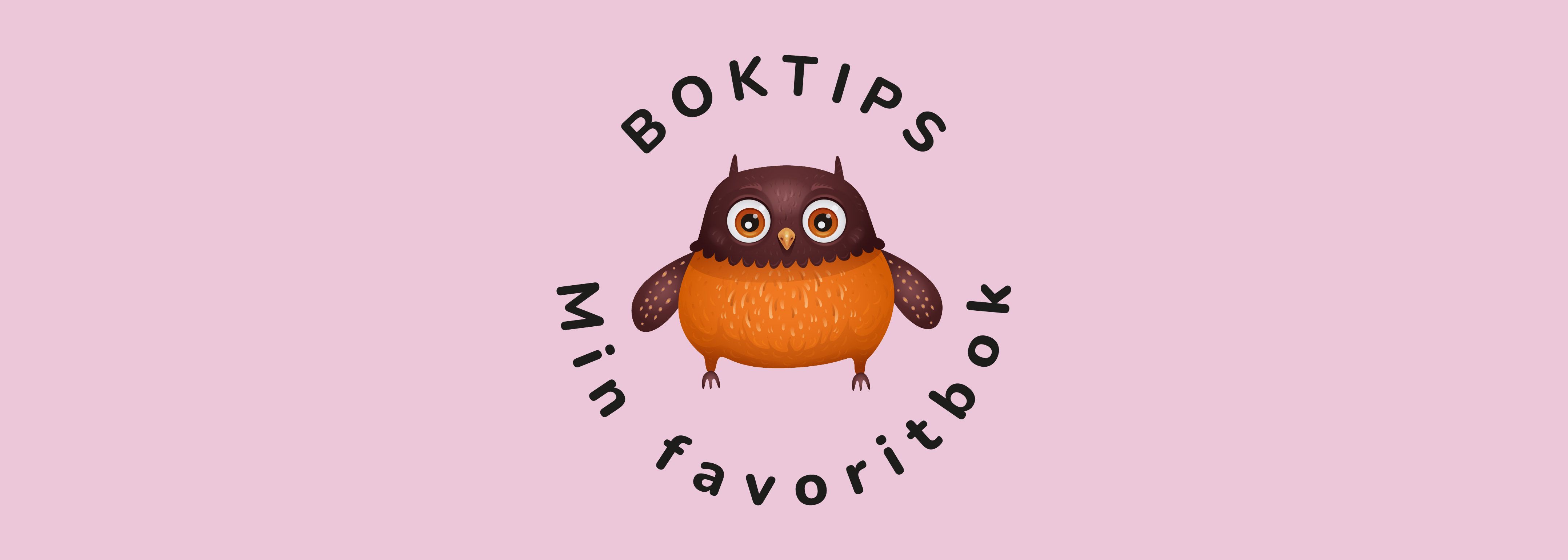 Texten boktips och min favoritbok är i en cirkel runt ugglan. 