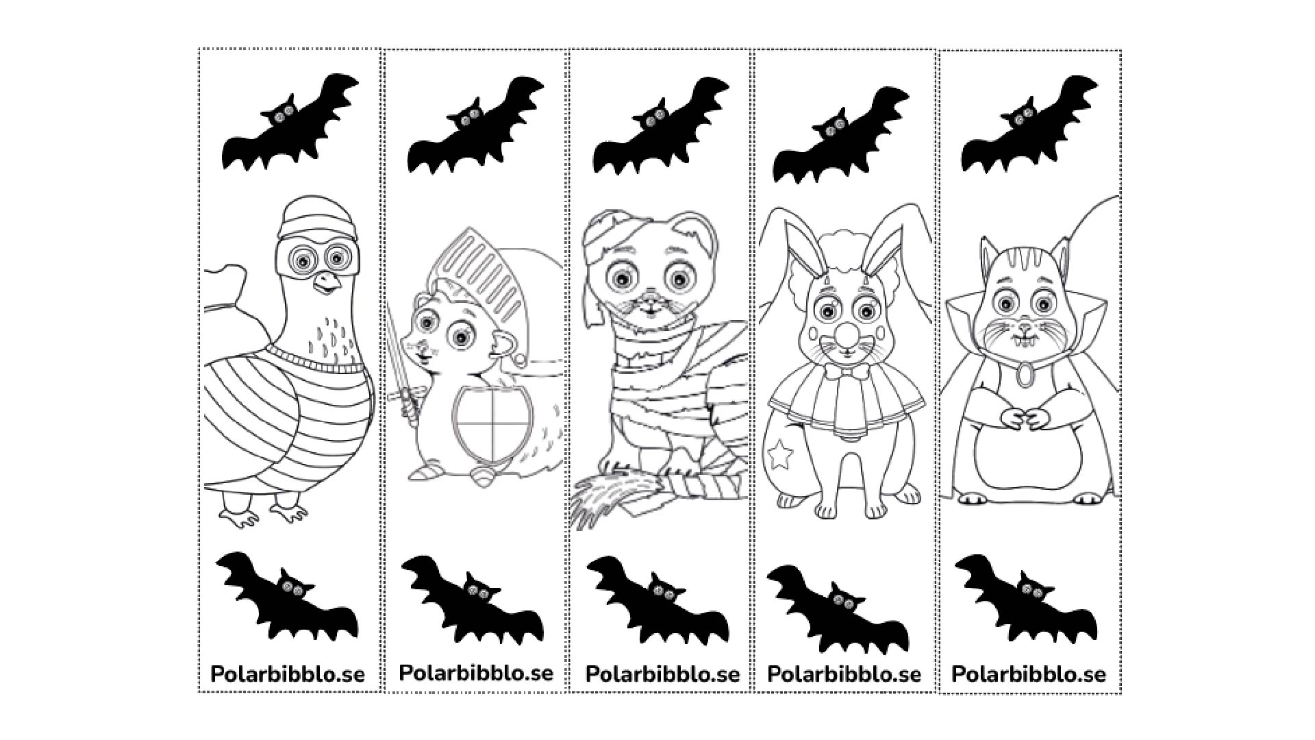 Bokmärken språkdjuren med halloweenkläder.