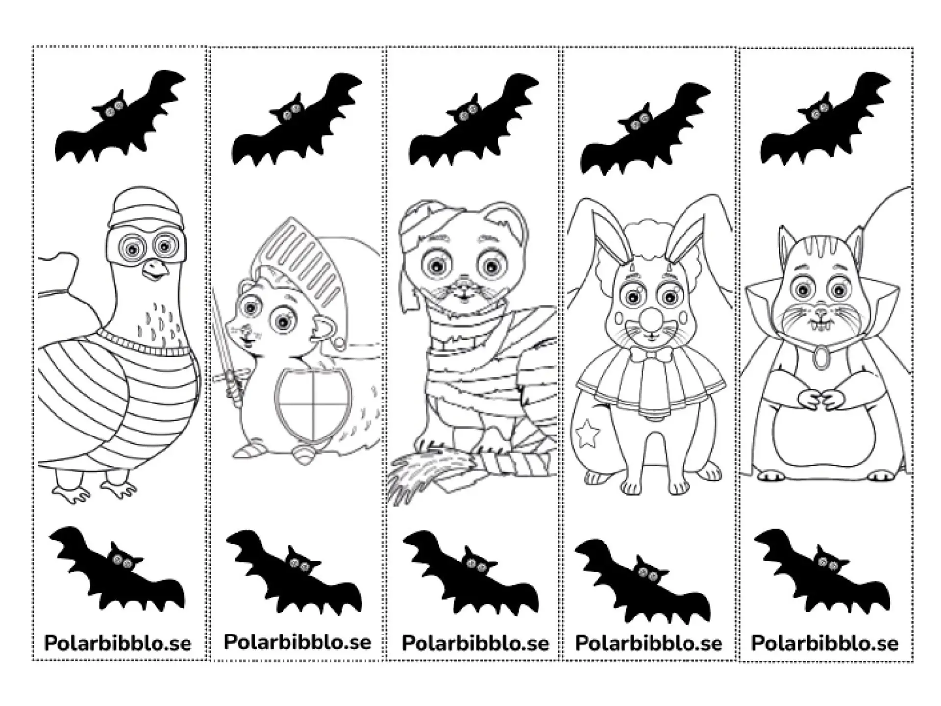 Bokmärken språkdjuren med halloweenkläder.