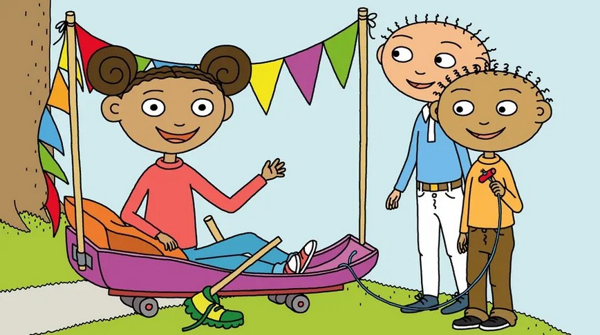Tre barn och uppfinningen slippa gå maskin.