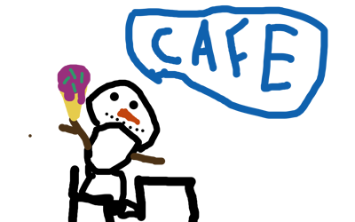 Snögubbe på café