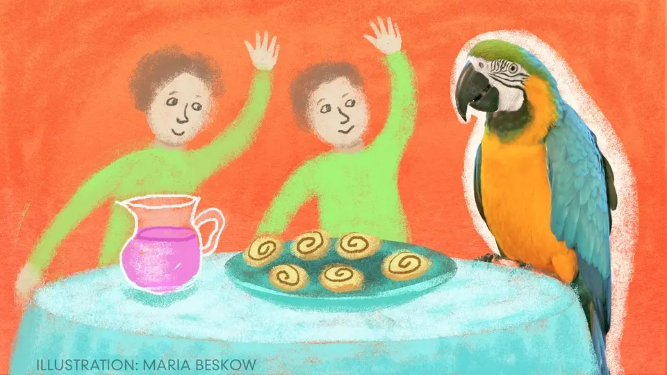 Bengt och Bodil som fikar med en papegoja.