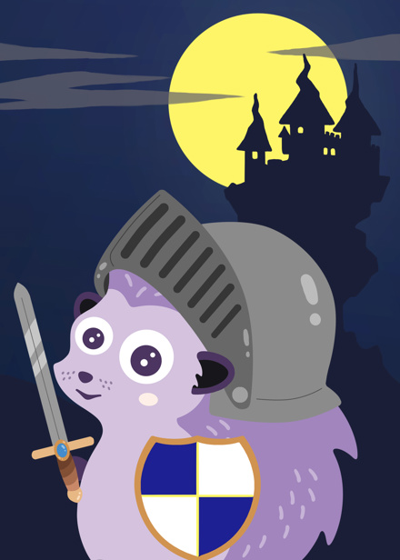 Igelkotten utklädd till en riddare framför ett kusligt slott.