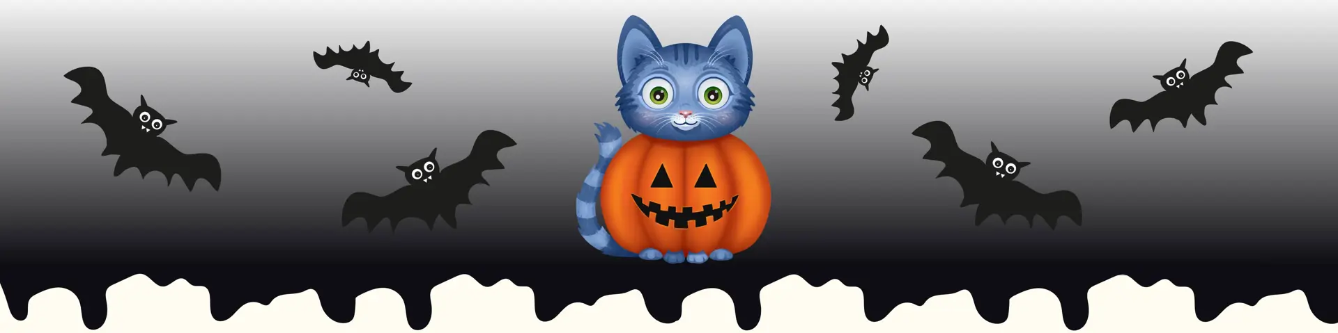 Katten i halloween kläder med fladdermöss som flyger runt om.