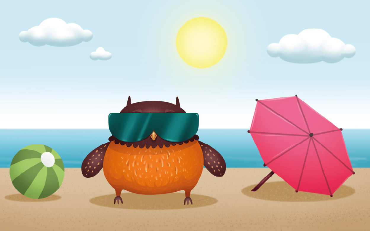 Ugglan med solglasögon på en strand.