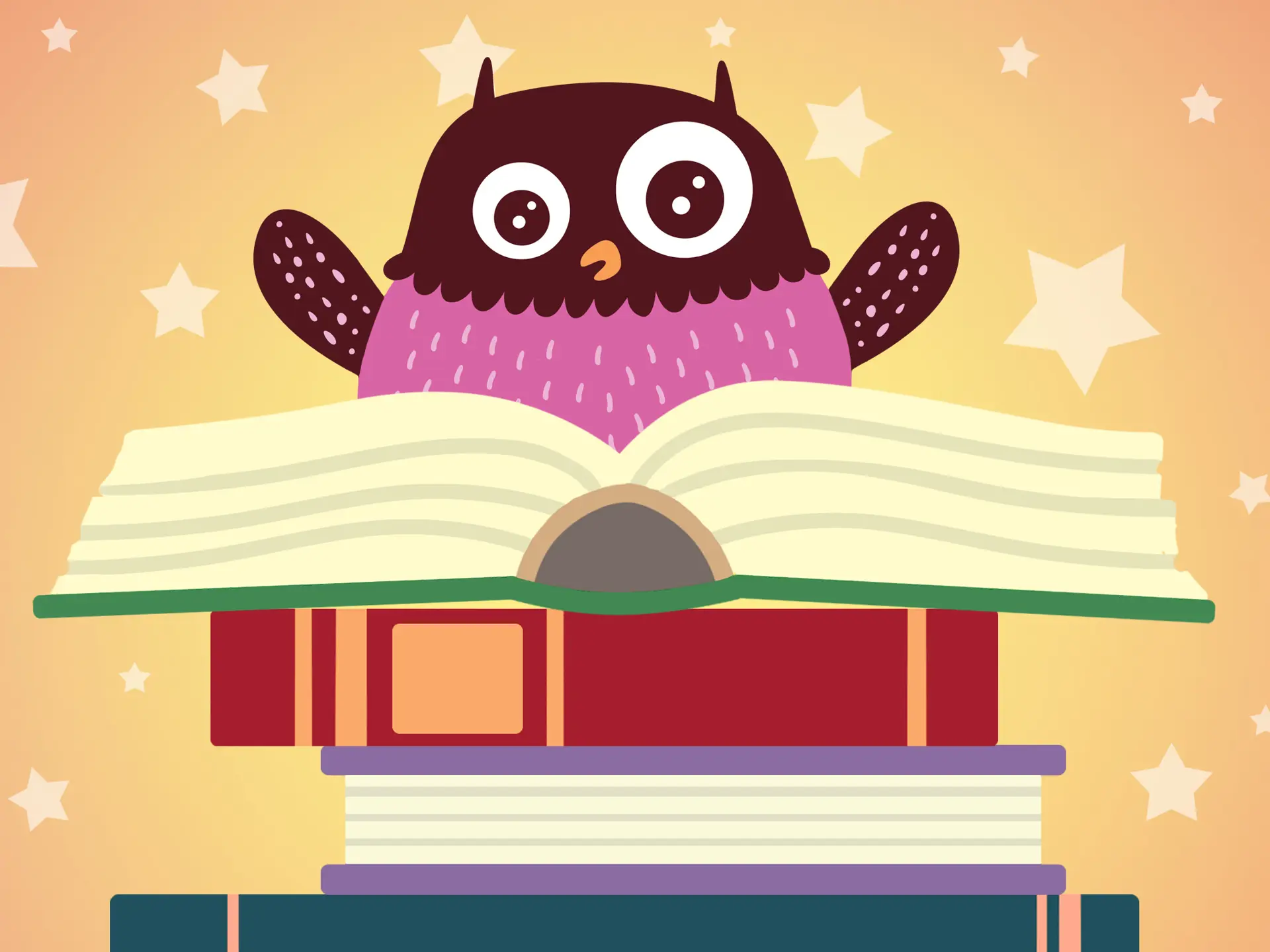 Polarugglan på en hög med böcker.