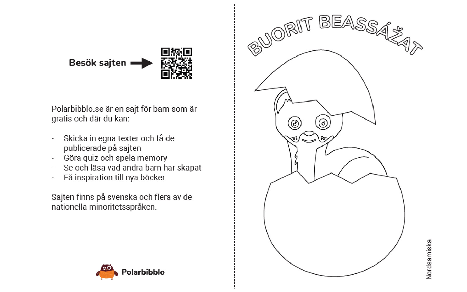 Färgläggningskort med hermelinen som sitter i ett ägg. Texten glad påsk på nordsamiska står ovanför ägget.