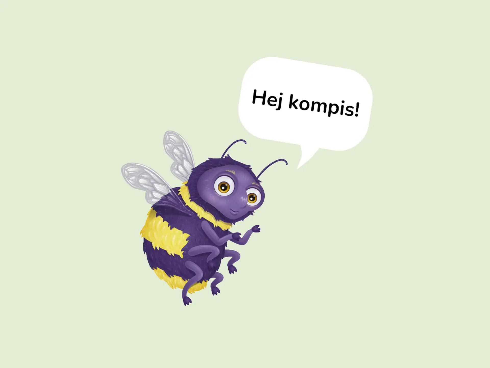 En pratbubbla med texten Hej kompis! och humlan bredvid.